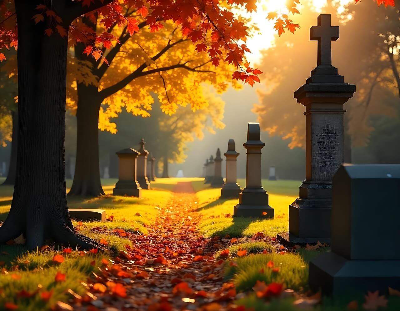 Eine Herbstszene von einem geraden Weg mit rotem Laub auf einem Friedhof rechts und links gesäumt mit namenlosen Grabsteinen