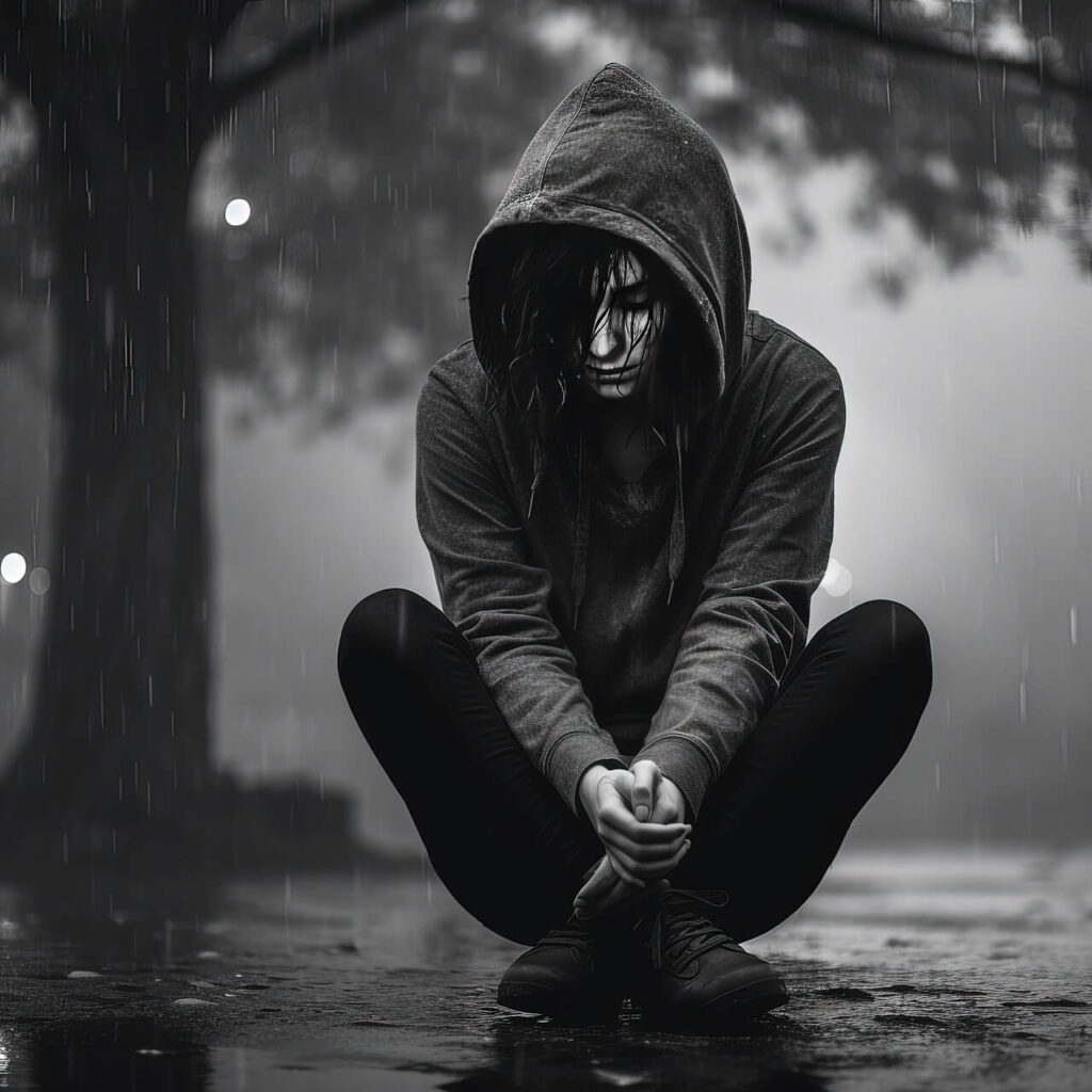 Ein schwarz weiß Bild von einer Frau mit kaputzenhoodie die auf dem Boden sitzt im Regen mit schlechtem Gewissen weil sie denkt sie würde ihre Verstorbenen bei einem Jenseitskontakt stören
